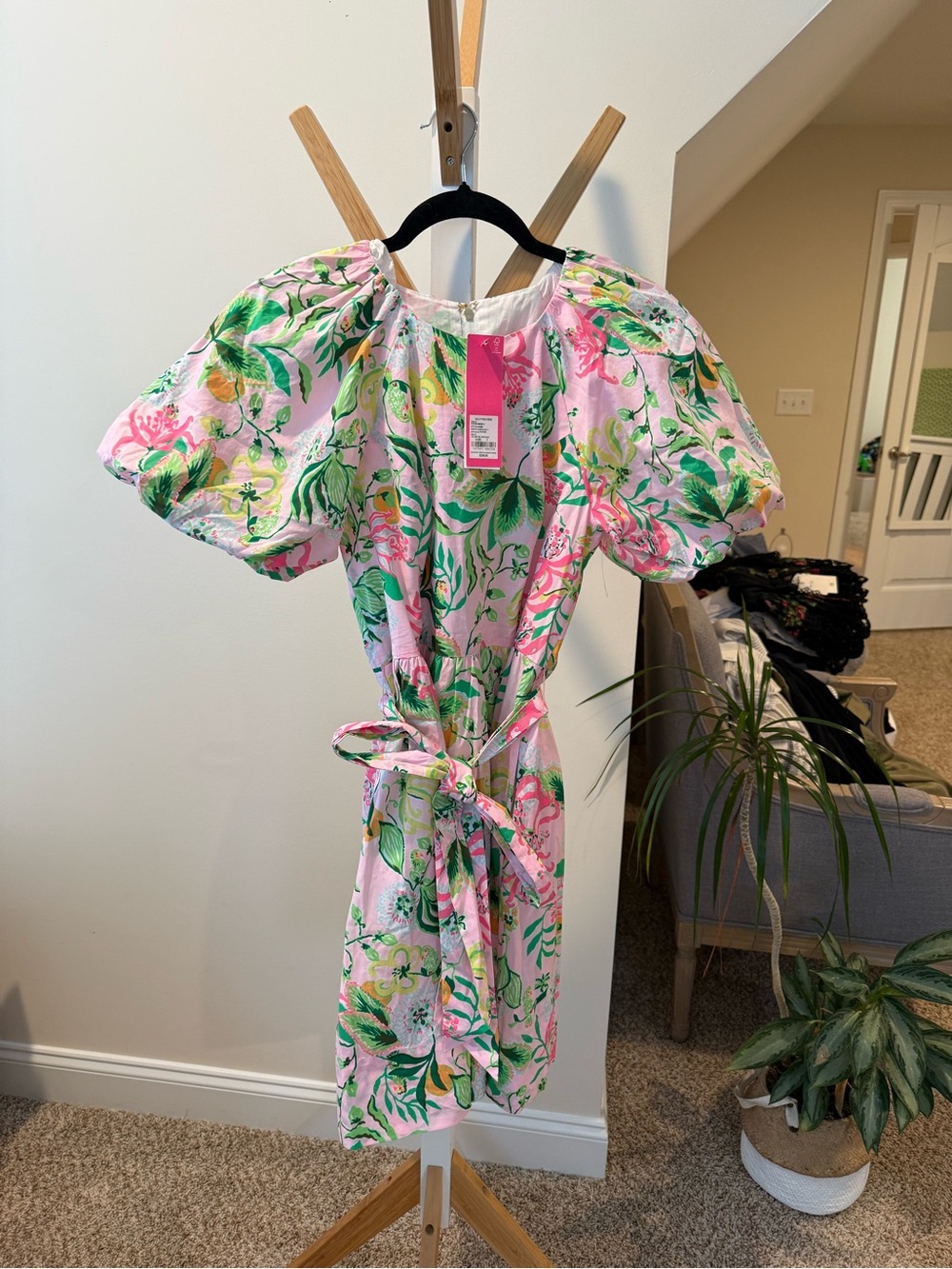Lily Pulitzer Pink  Floral Puff-Sleeve Dress with Belt